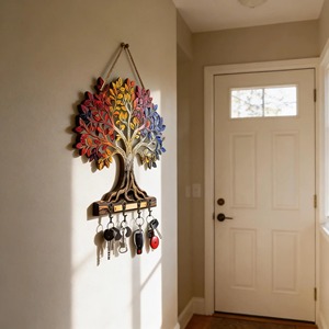Porte-clés mural en bois à motif d'arbre coloré, design original, pour le rangement des clés, la décoration et l'organisation de l'entrée, provenant d'Inde. - Product Image 2