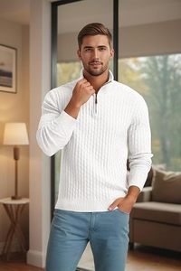 Pull en maille blanc pour homme, col montant zippé, manches longues, uni, décontracté, pour l'hiver, en acrylique anti-boulochage - Product Image 3