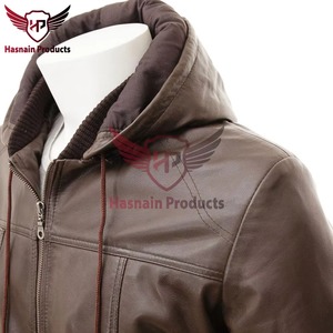 <b>Mens</b> Real <b>Brown</b> <b>Leather</b> <b>Jacket</b> Hooded Bomber Aviator Cowhide Coat Ribbed Knit Trim Custom Classic Winter Warm Fashion Outerwears - Product Image 5