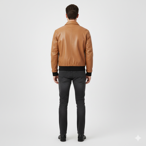 Veste en cuir véritable bicolore de haute qualité, sur mesure, en toile tricotée, pour homme, style décontracté, motard, vintage, hiver - Product Image 5