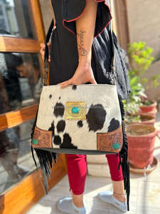 Sac à bandoulière à frange en cuir avec fourrure en cuir, fait à la main, Style Boho, sacs en cuir sculpté et pierre Turquoise, nouveau Style occidental - Product Image 4