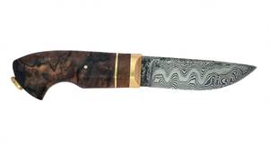 Couteau utilitaire fixe en acier Damas pour l'extérieur avec manche en bois de burl et bolster en banderole de bois - Product Image 5