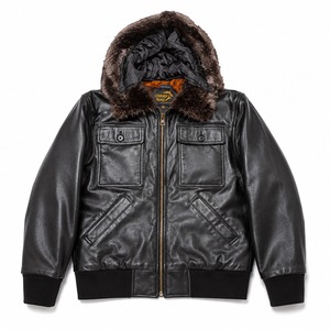 Veste en cuir de mouton avec doublure en fausse fourrure et fourrure véritable au col et à la capuche - Product Image 1