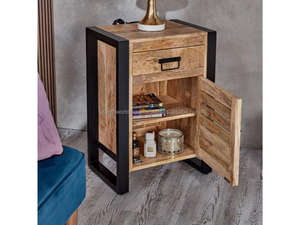 Mesa de Noche Industrial de Madera de Mango con Estructura Metálica, Mesita de Noche de Madera con Cajón y Puerta, Mueble Auxiliar para Dormitorio - Product Image 6