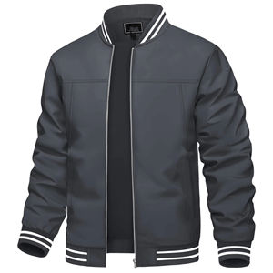 Customized <b>Men's</b> Dark Gray <b>Bomber</b> <b>Jacket</b> Turn-down Collar Zipper Closure Casual Autumn Wear Regular Fit Solid Color Polyester - Product Image 2