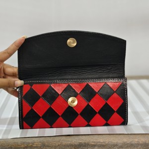 2026 Newly Arrival Handmade Genuine Leather Long <b>Wallet</b> With Red Black Geometric Pattern Fold Closure Women's Fashion Daily Uses - Product Image 4