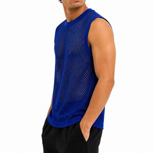 Camiseta sin mangas de punto casual para hombre, de poliéster transpirable, color azul liso, con cuello redondo y logo frontal - Product Image 3