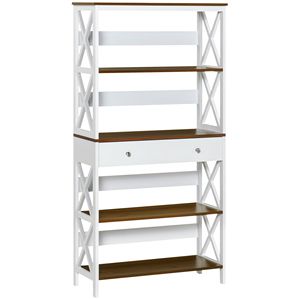 Libreria Moderna a 4 Ripiani in Legno Bianco con Stabilità a X-Bar e Cassetto per Ufficio - Product Image 1