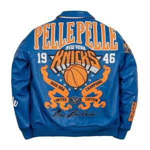 Custom Men's Premium Blue Genuine <b>Leather</b> Eco-Friendly Waterproof <b>Winter</b> Varsity <b>Jacket</b> Embroidery Streetwear Basketball Style - Product Image 2