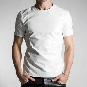 Men's Black Shiny PU Leather Short Sleeve Crew Neck T-<b>Shirt</b> Casual Solid Color Summer Wear - Product Image 5