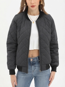 Women's Quilted Bomber Jacket Solid Color <b>Zipper</b> Closure Stand Collar Short Length Full Sleeve Autumn Wear - Product Image 5