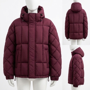 Men's <b>Burgundy</b> Hooded <b>Puffer</b> <b>Jacket</b> Padded Winter Coat Warm Zip Up Outdoor Streetwear Custom Private Label Apparel OEM ODM - Product Image 3