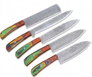 Ensemble de 5 ustensiles de cuisine en acier artisanal à motifs, manches en bois de Pakka multicolores, collection d'outils de cuisine professionnels - Product Image 4