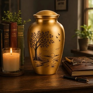 Urne funéraire en métal d'inspiration patrimoniale avec motif paysager Arbre de Sérénité, finition or brossé, avec couvercle, pour cendres commémoratives - Product Image 3