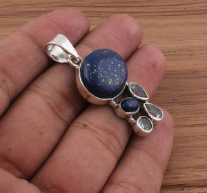 Collier vintage unisexe rétro en argent sterling 925 plaqué platine avec sertissage en lapis-lazuli naturel - Product Image 2