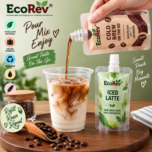 บรรจุภัณฑ์เครื่องดื่มแบบซอง EcoRev ป้องกันการรั่วซึม ใช้ซ้ำได้ เกรดอาหาร ผลิตจาก PET PE เคลือบผิว เหมาะสำหรับการเดินทาง - Product Image 3