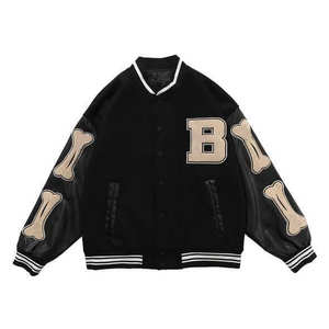Chaqueta Letterman para hombre, cuerpo de lana, mangas de cuero, estilo béisbol universitario, cierre frontal con botones a presión, informal. - Product Image 5
