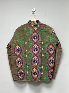 Veste en velours brodée à la main avec motif floral multicolore, manches longues, col montant, style bohème, manteau d'hiver pour femmes - Product Image 4