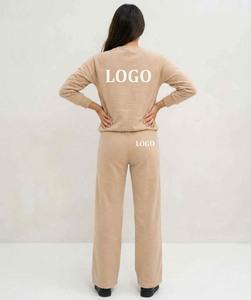 Conjunto Deportivo Beige para Mujer con Logotipo Personalizado, Sudadera Holgada, Pantalones Deportivos Anchos, Ropa Deportiva Informal de Primera Calidad, Conjunto de 2 Piezas - Product Image 3