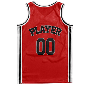 Ensemble d'uniformes de basket-ball personnalisés rouge rétro avec bordure blanche et noire, maillot et short, nom et numéro de l'équipe, design classique - Product Image 4