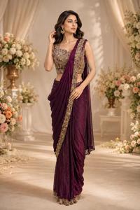 Elegant Purple Silk <b>Saree</b> With Gold Embroidery For Wedding Women Floor-Length Regular Fit Stretchable Indian Pakistani Style - Product Image 1