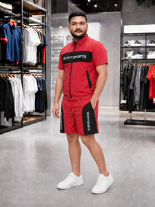 REXFIT SPORTS 2026Custom Unisex Red Black Crinkle Nylon Set Short Sleeve Zip <b>Jacket</b> Shorts Private Label Sportswear Manufacturer - Product Image 3