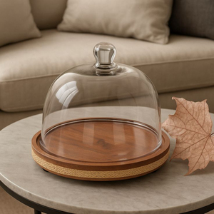 Support à gâteau rond en bois d'acacia avec dôme en verre cannelé |   Plateau de service en forme de cloche côtelée pour desserts et fromages - Product Image 2