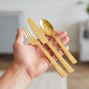 <b>Golden</b> Hammered Finish Flatware <b>Set</b> Matte Polish Modern Design Dishwasher Safe Metal <b>Cutlery</b> For Wedding And Home Use - Product Image 1