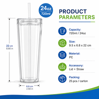 Gobelet en plastique à double paroi de 24 oz avec couvercle et paille, en stock, personnalisable avec logo, réutilisable, transparent, vente en gros