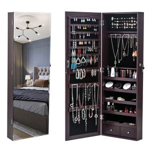 Armoire murale en bois brun foncé à 5 niveaux avec miroir intégré et 2 tiroirs pour rangement de bijoux et maquillage - Product Image 4