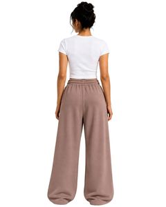Custom Taupe Women <b>Wide</b> <b>Leg</b> <b>Sweatpants</b> High Waist Loose Fit Casual Streetwear Lounge Fleece Trousers With <b>Drawstring</b> Pockets - Product Image 2
