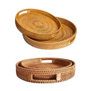 Wicker Rattan Handmade Round <b>Basket</b>/<b>Tray</b> with Handles Eco-Friendly Space-Saving Multi-Purpose Kitchen Counter Organizer - Product Image 1