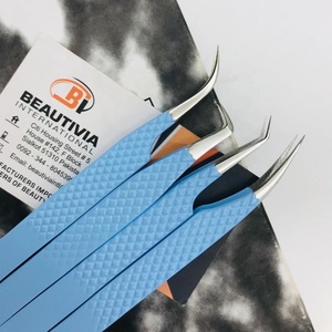 แหนบต่อขนตาสแตนเลสสีฟ้าเคลือบสีฟ้าติดเพชรแบบมืออาชีพปลายแหลม - Product Image 5