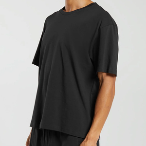 T-shirt à manches courtes pour homme, col rond, noir, coupe ample, couleur unie, style jersey décontracté, 100% coton respirant - Product Image 3