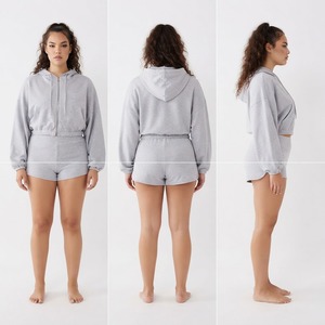 Conjunto de Sudadera con Capucha y Pantalones Cortos Casuales para Mujer, Color Gris Lavado al Ácido, Top Corto con Cierre y Manga Larga, Conjunto de 2 Piezas - Product Image 4