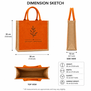 Orange Recycled Jute Shopping <b>Bag</b> with Leaf Design Silk Screen <b>Medium</b> <b>Size</b> Hand Carry Wedding Grocery Tote - Product Image 2