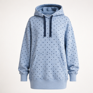 Sudadera con Capucha Extra Grande para Mujer, Color Azul Polvo, con Puntos Pequeños Espaciados Uniformemente, de Felpa, Hecha de Algodón Reciclado, Personalizable - Product Image 1