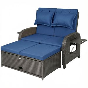 Sofá Cama de Ratán Azul Marino para Patio con Respaldo Ajustable, Otomana de Almacenamiento, Muebles de Mimbre para Exteriores con Mesas Auxiliares - Product Image 1