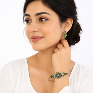 Hot Selling Women's Brass Oxidized Silver Antique Silver Plated <b>Beaded</b> <b>Bracelet</b> Quartz Green Gemstone Vintage Floral Design - Product Image 5