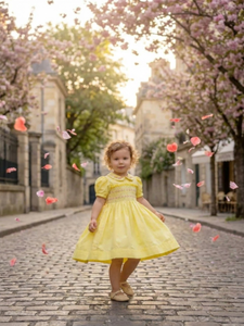 Vestido de bebé bordado personalizable 100% algodón amarillo liso con falda completa y lazos, vestido smock perfecto para niñas - Product Image 1
