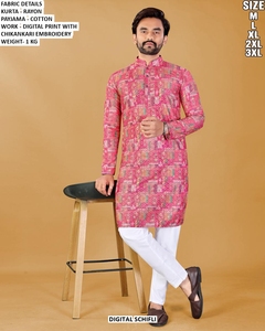 Kurta pour homme à imprimé numérique Chikankari avec pyjama en coton blanc, coupe régulière, longueur cheville, tenue traditionnelle pour toutes les saisons - Product Image 5