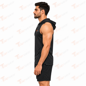 <b>Men's</b> <b>Black</b> Sleeveless Hooded Tank Top Quick Dry Polyester Sporty Front Logo Print Casual Workout <b>Vest</b> <b>Men</b> Hooded Tank Top - Product Image 3