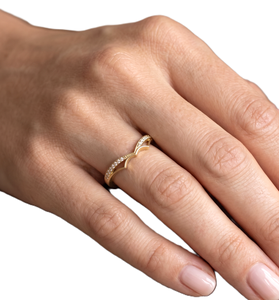 Bague de promesse minimaliste en or massif 14 carats avec moissanite taille ronde et diamants courbés, double rangée pavée, contour chevron - Product Image 5