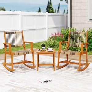 Set da Patio a 3 Pezzi in Legno di Acacia, Sedia a Dondolo con Seduta e Schienale in Rattan - Product Image 3