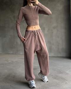 Women's Ribbed Tracksuit <b>Set</b> 2026 Crop Top Exposed Seam Wide Leg Baggy Pants Custom Logo Casual <b>Lounge</b> <b>Two</b> <b>Piece</b> <b>Set</b> HD - Product Image 3