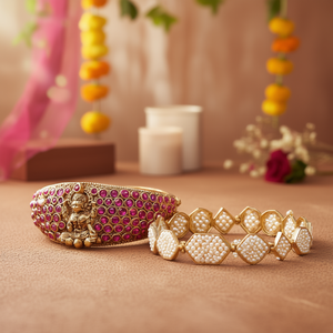<b>Ruby</b> Kemp Kada Bangles-Gold Plated Copper & Brass Geometric Pearl <b>Bracelets</b> for Engagement - Product Image 2