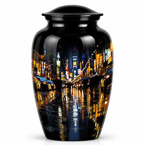 Autocollant photo magnifique et saisissant de paysage nocturne de ville sous la pluie avec urne funéraire commémorative en émail pour cendres humaines d'adultes - Product Image 1
