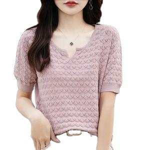 NOVEDAD DE VERANO 2024, camiseta de manga corta con cuello en V para mujer, Jersey de algodón 100% de Color sólido, Camiseta holgada de punto a la moda para mujer - Product Image 1
