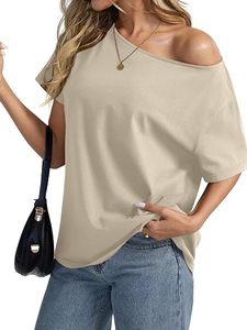 Camiseta de Mujer Personalizada por el Fabricante, con Hombros Descubiertos, Color Sólido, de Algodón Tejido, Manga Corta, Top de Verano - Product Image 3