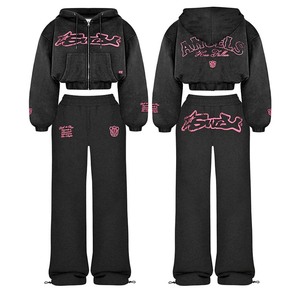 Sudadera con capucha negra con cremallera, estilo urbano oversize, de algodón French Terry, con logo rosa estampado frontal, manga regular, estilo invierno, unisex - Product Image 5